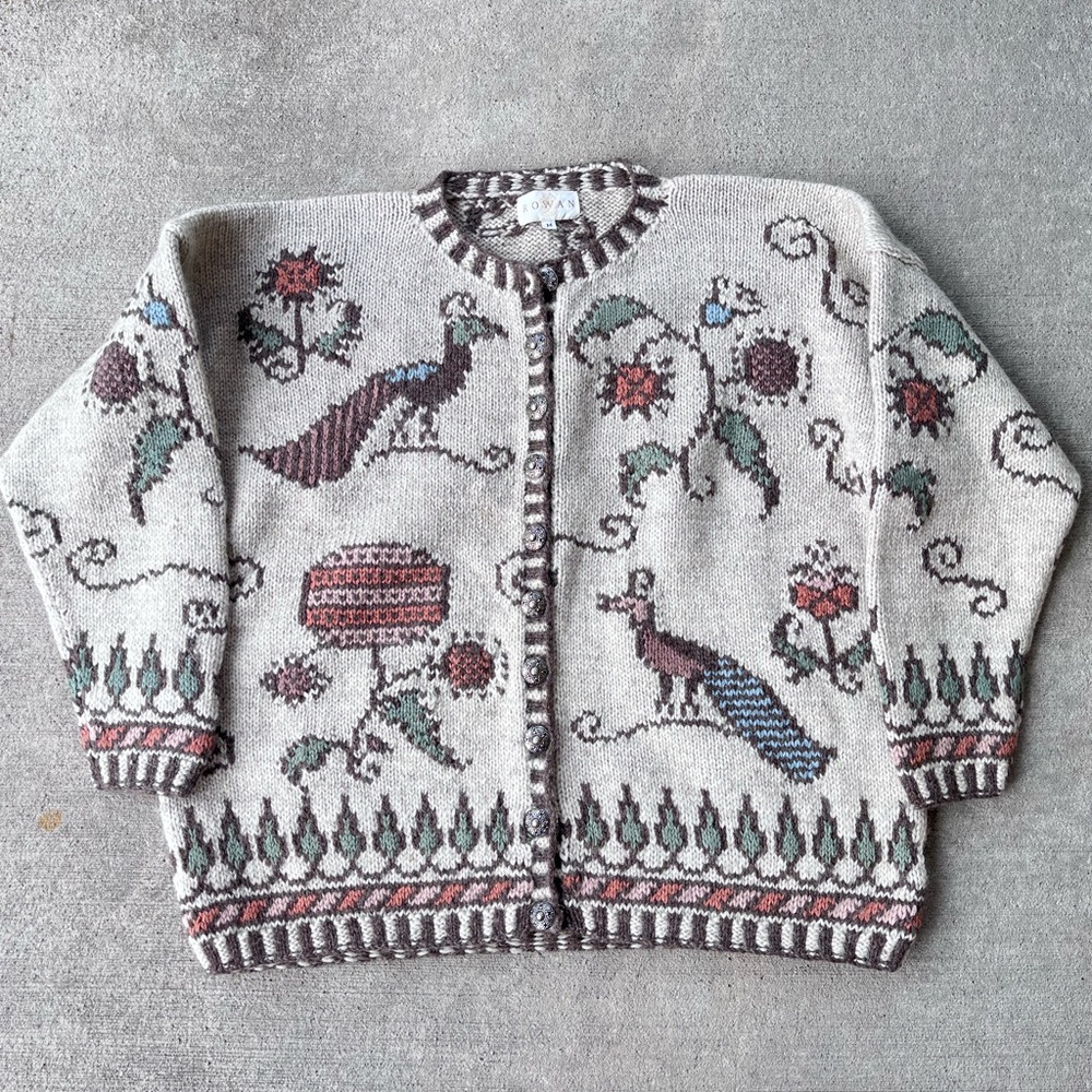 Vintage 90s Rowan wool sweater cardigan birds peacock intarsia knit jumper top